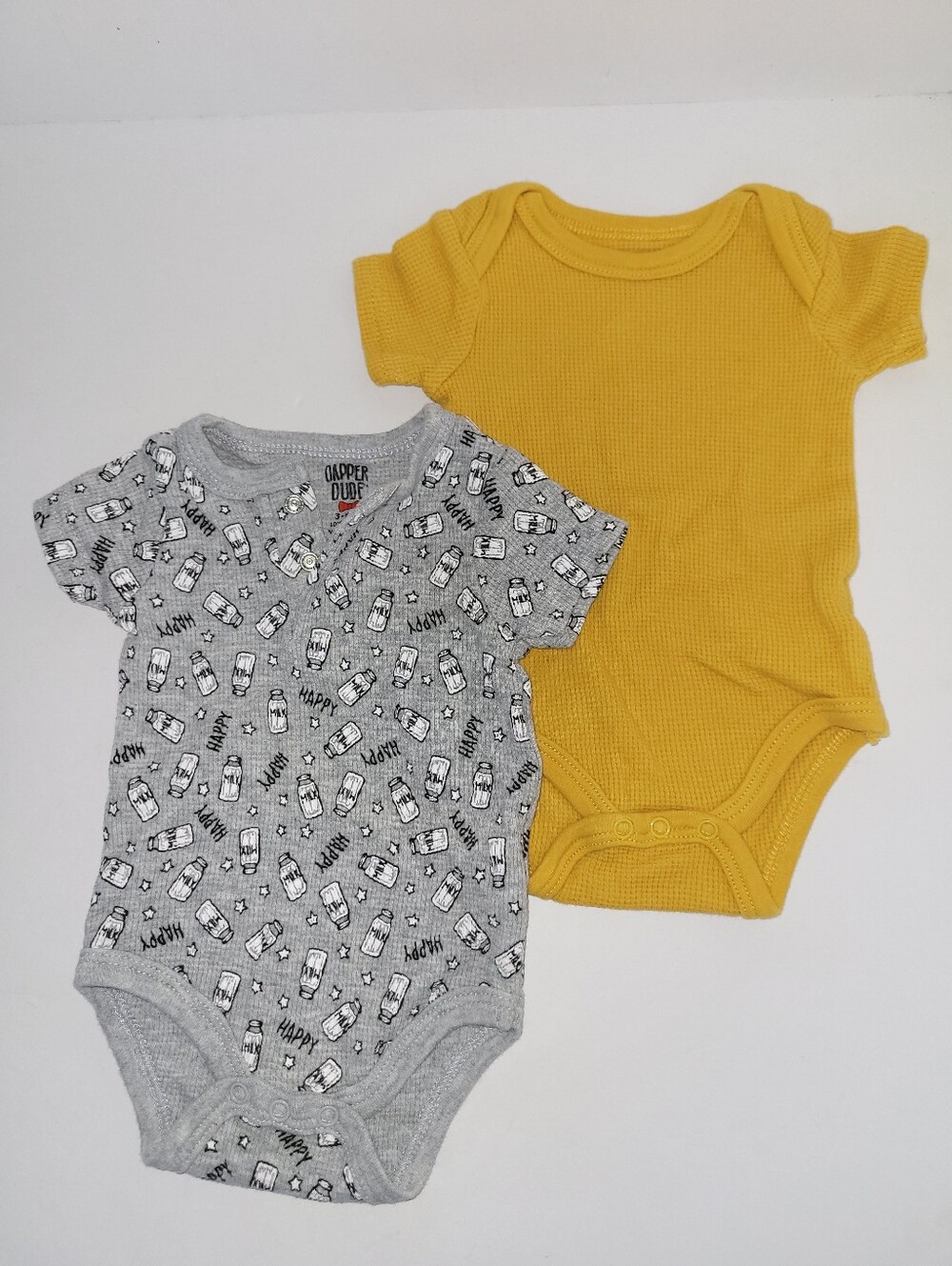 Dapper Dude Size 3-6 Months 2 Pk Gray Yellow Textured One-Piece Bodysuit Onesies